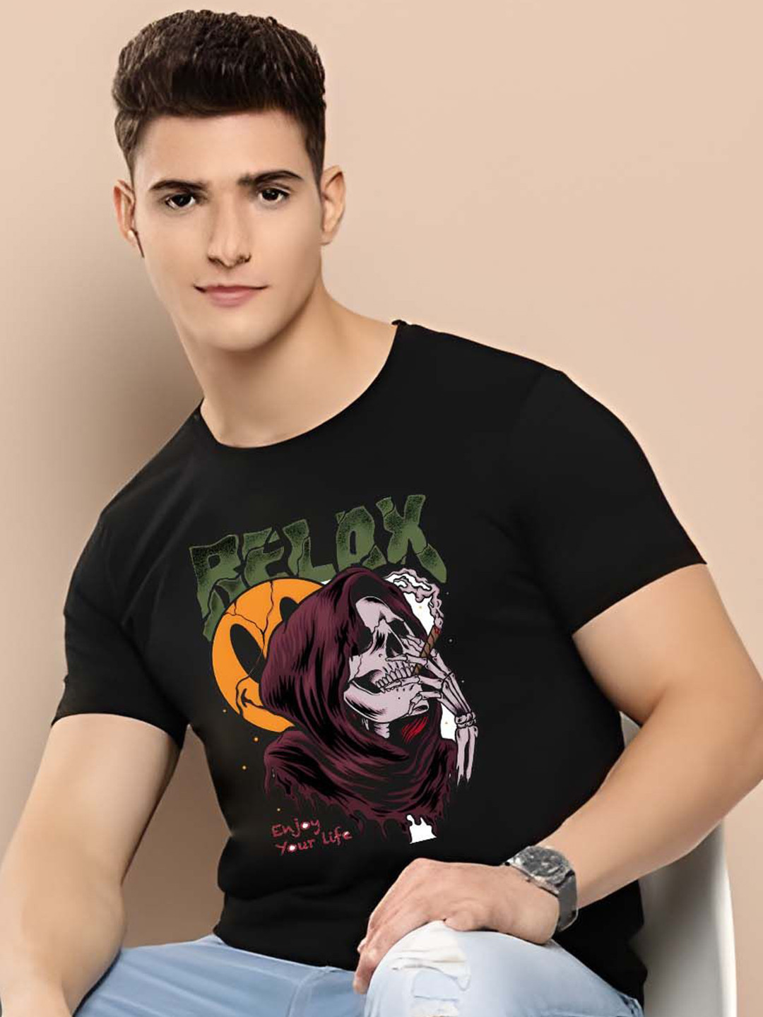

Moda Rapido Men Typography Printed Round Neck Cotton Slim Fit T-shirt, Black