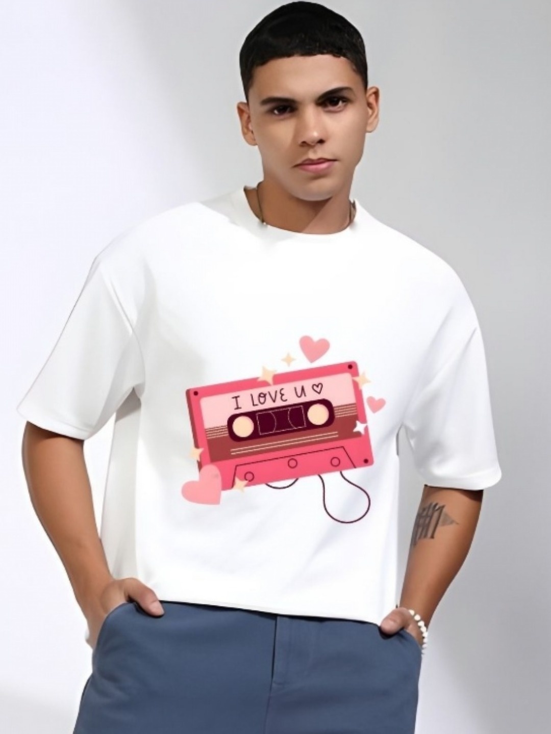 

Krimmple Men Graphic Printed Round Neck Cotton Oversized T-shirt, White