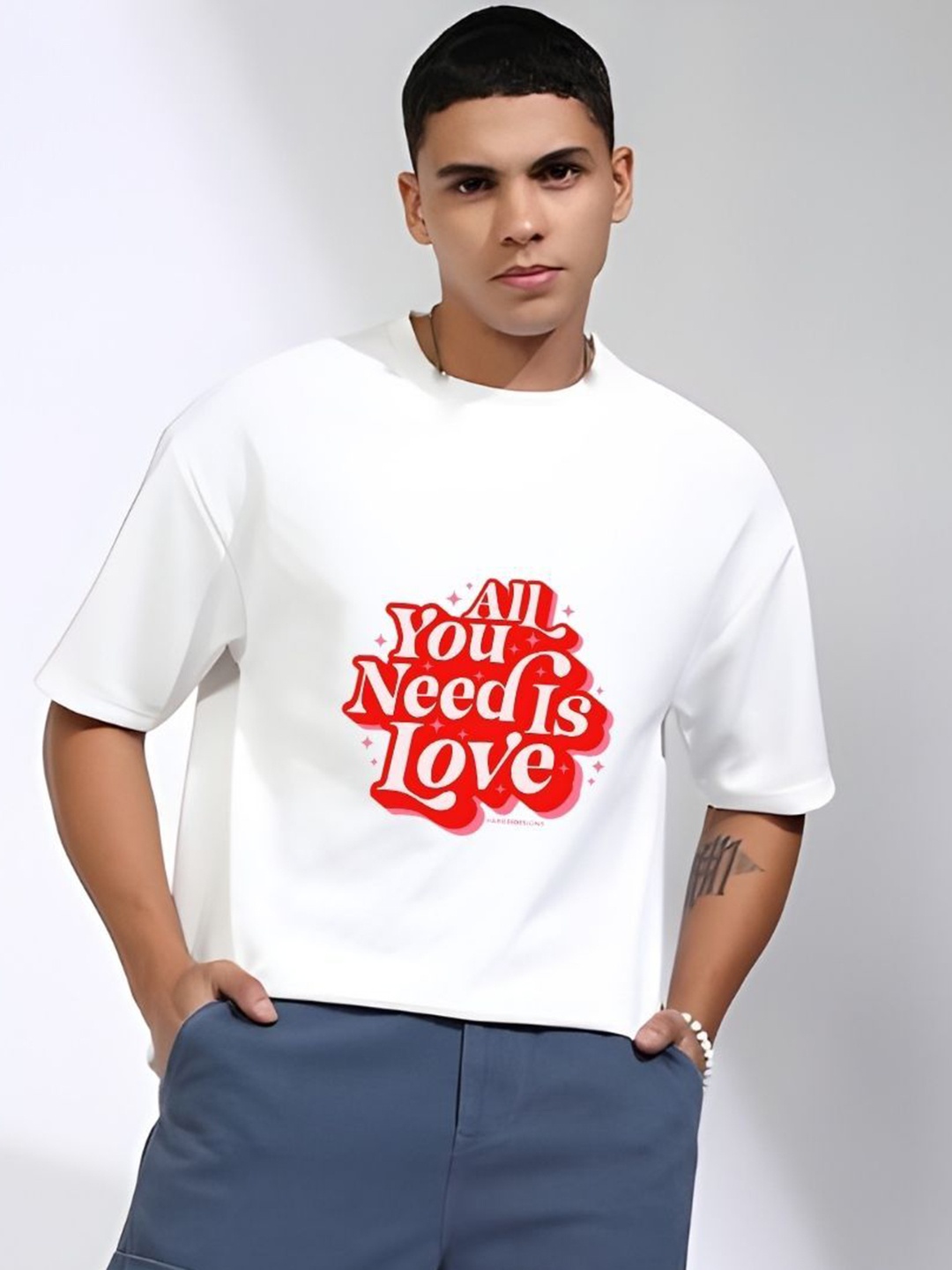 

Krimmple Men Typography Printed Round Neck Cotton Oversized T-shirt, White