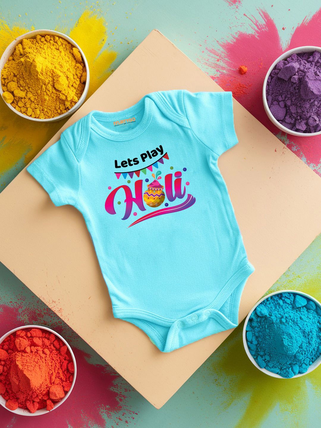 

FFLIRTYGO Infants Holi Printed Cotton Bodysuit, Turquoise blue