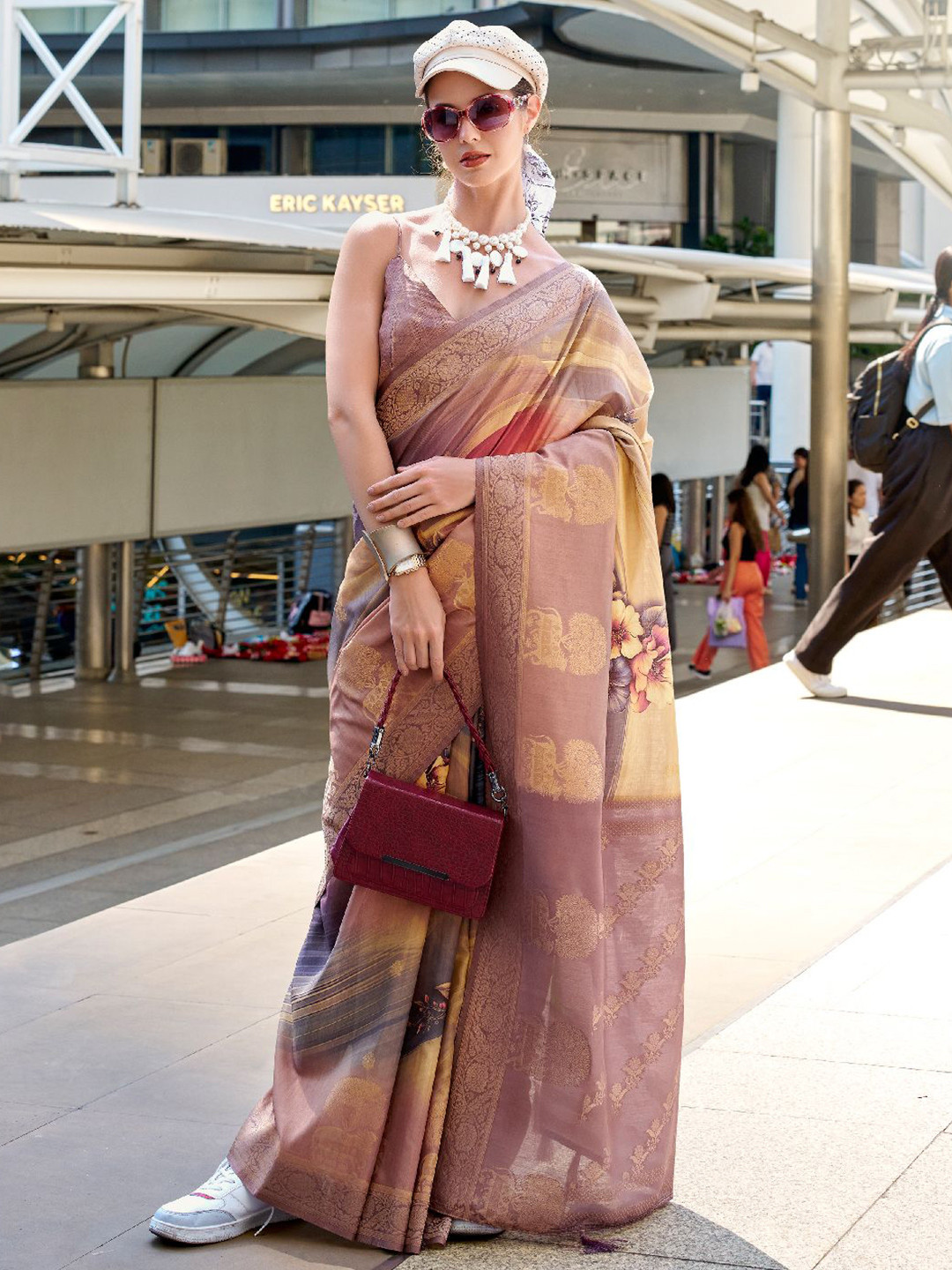 

Mitera Woven Design Printed Zari Saree With Unstitched Blouse Piece, Beige