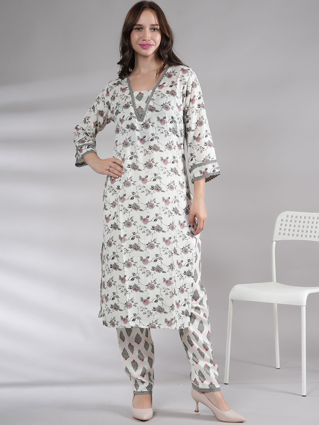 

NEYSA Floral Printed V-Neck Pure Cotton Tunic And Trousers, White