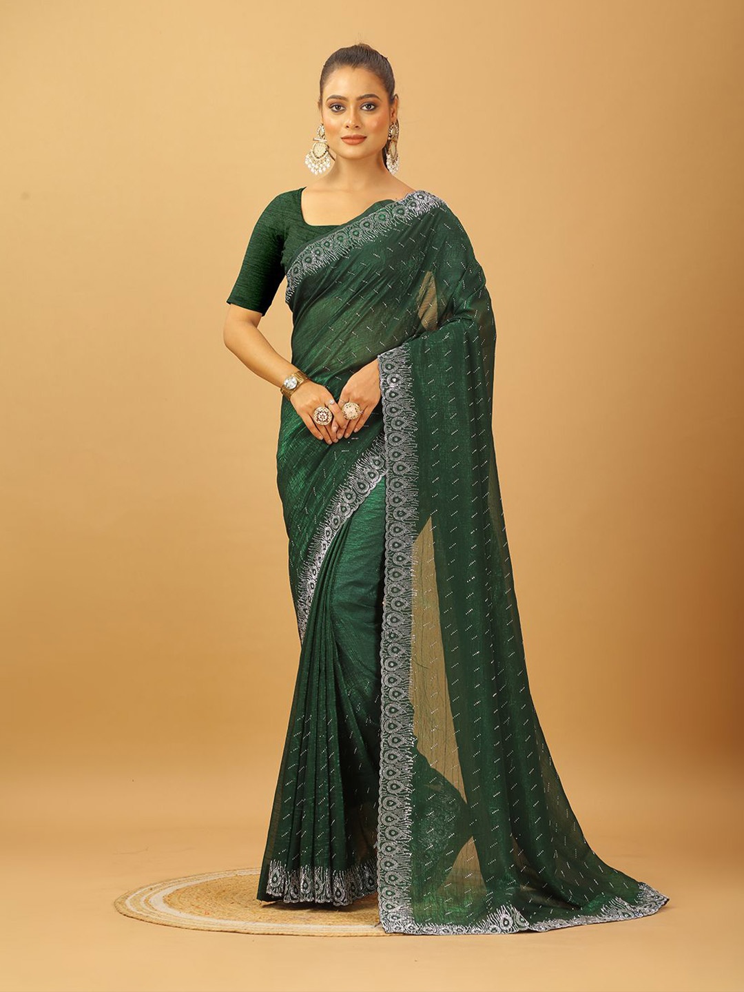 

NIRMAL CREATION Embellished Beads and Stones Pure Georgette Saree, Green