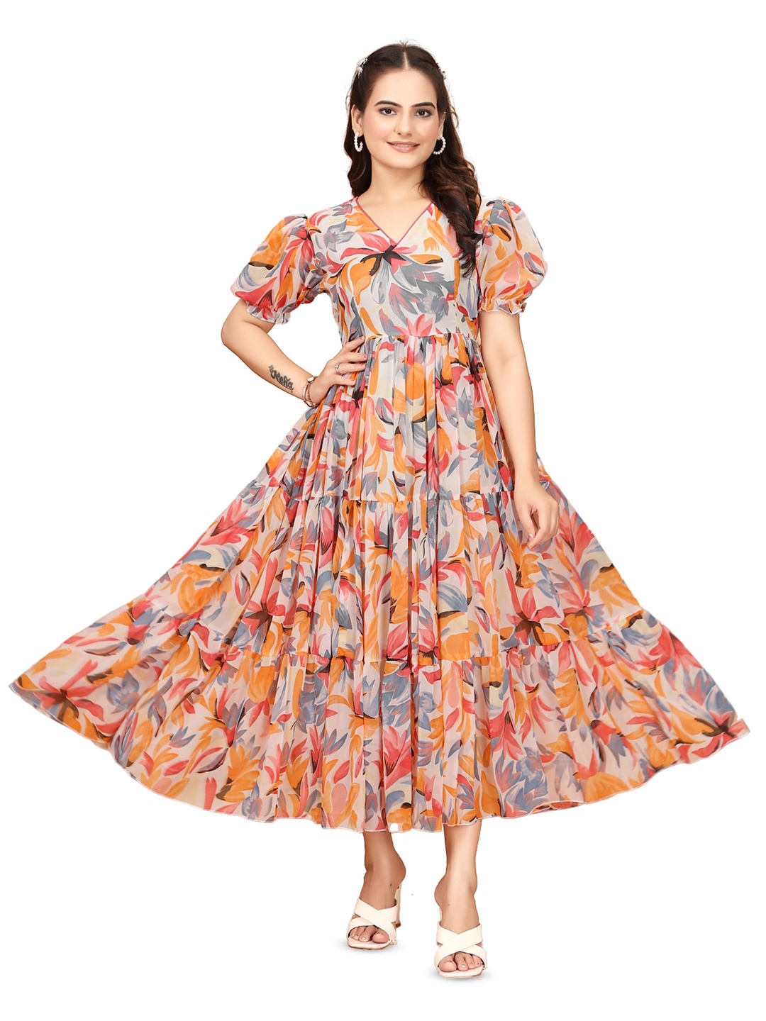 

Anouk Floral Print Puff Sleeve Georgette Maxi Dress, Peach