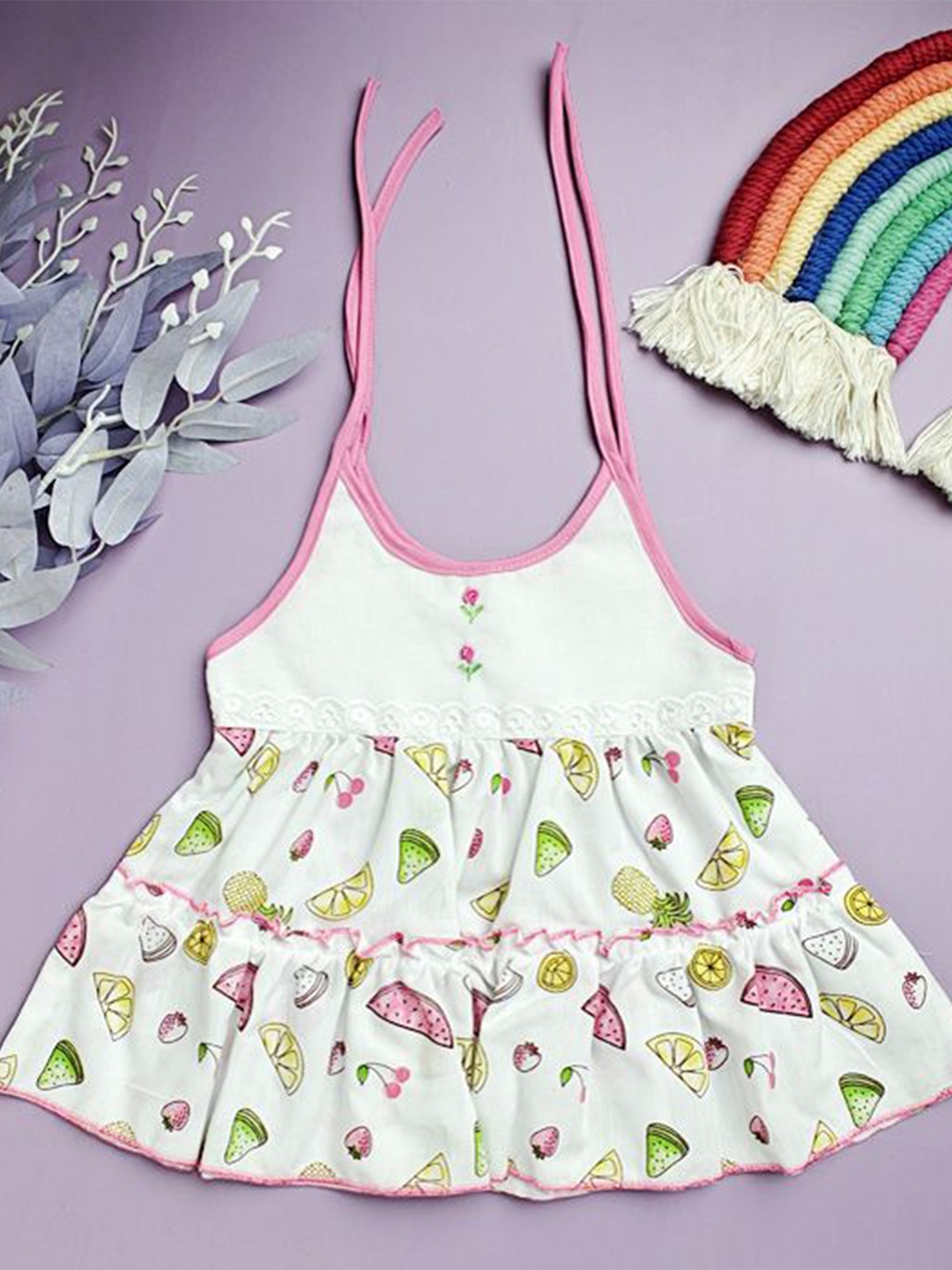 

Babywish Girls Cotton Printed Halter Neck A-Line Dress, White
