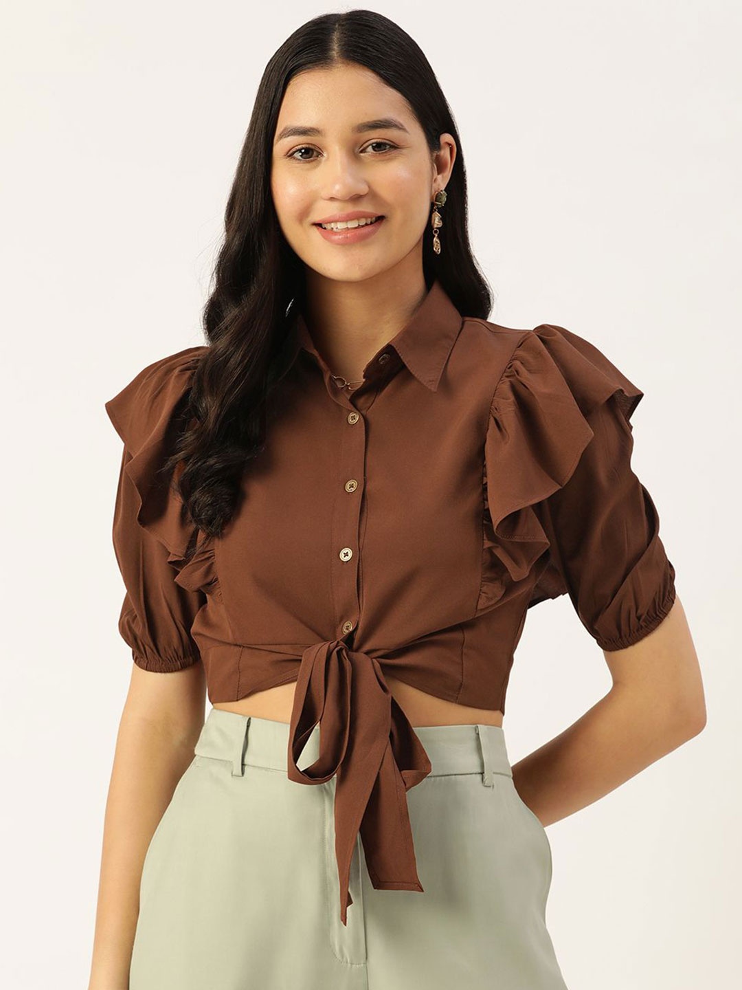 

Moda Rapido Women Puff Sleeve Ruffles Crepe Shirt Style Crop Top, Brown