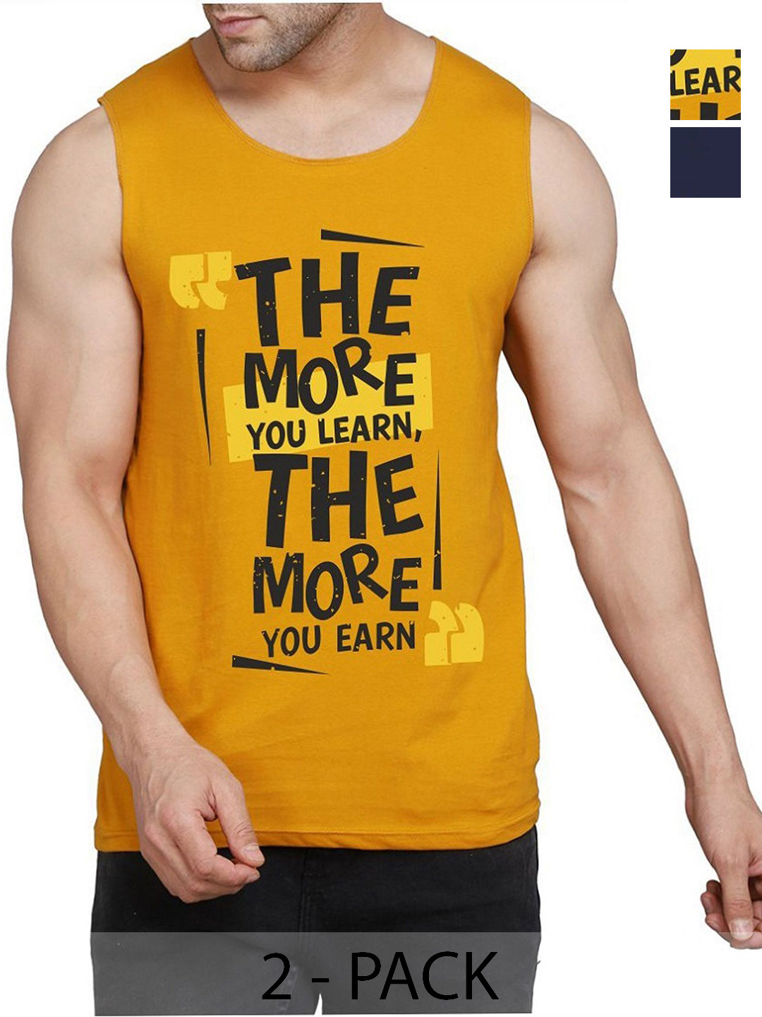 

WOOSTRO Men Pack Of 2 Typography Printed Round Neck Cotton Slim Fit T-shirts, Mustard