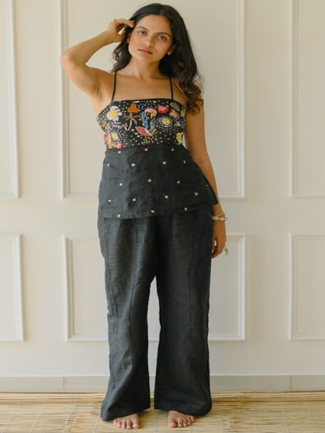 

LABEL SUGAR Embroidered Square Neck Linen Top With Trouser, Black