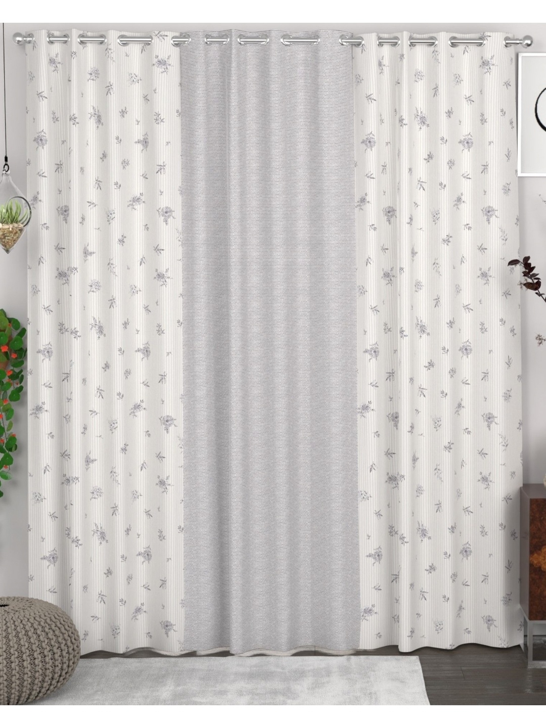 

CHHAVI INDIA Grey & Off White Set of 3 Floral Door Curtain