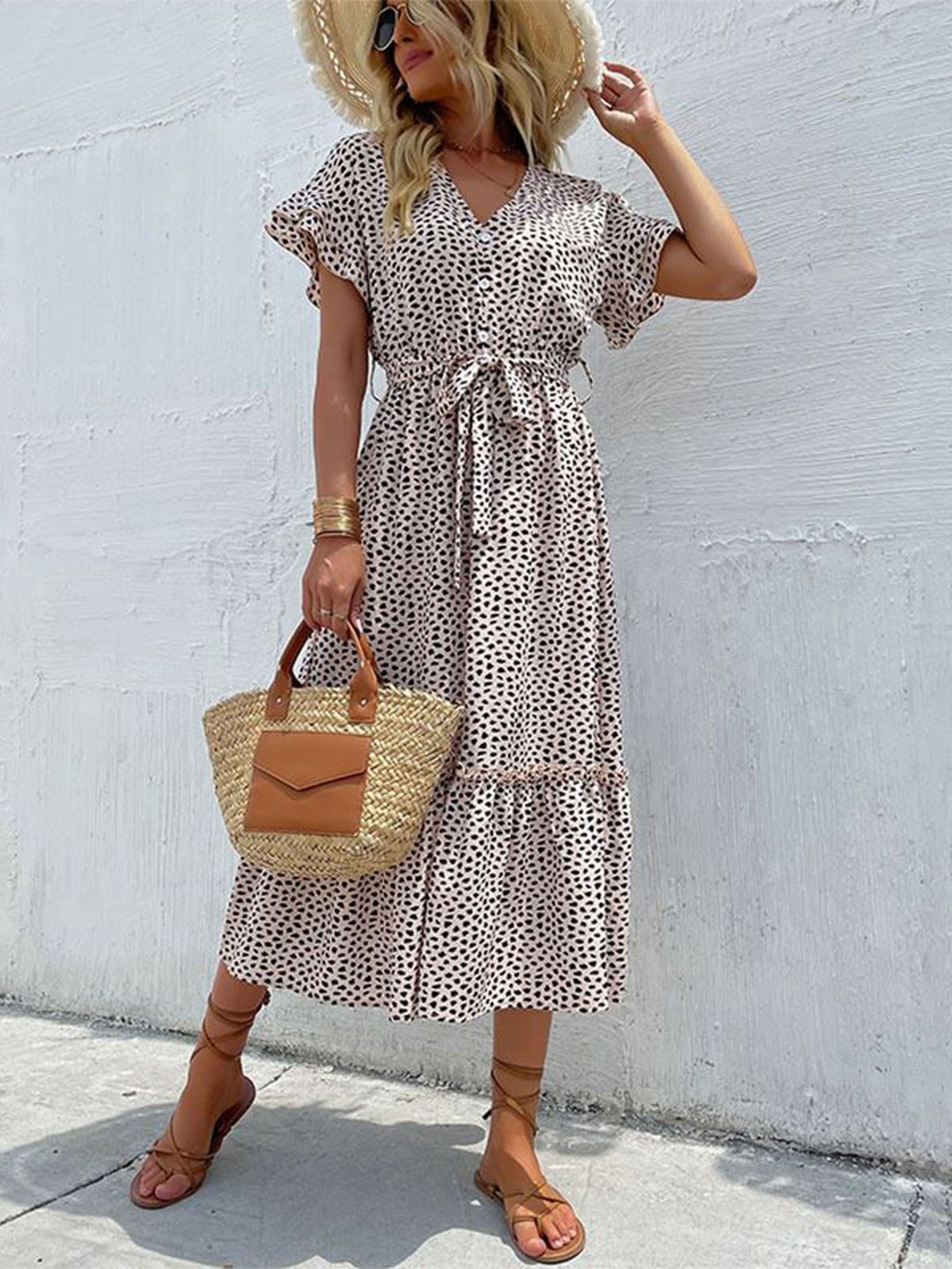 

StyleCast Animal Print Flared Sleeve Satin A-Line Midi Dress, White