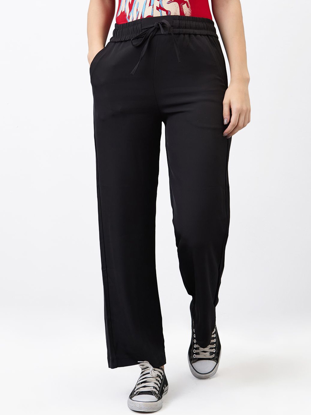 

SPYKAR Women Straight Fit High-Rise Flat-Front Cotton Trouser, Black