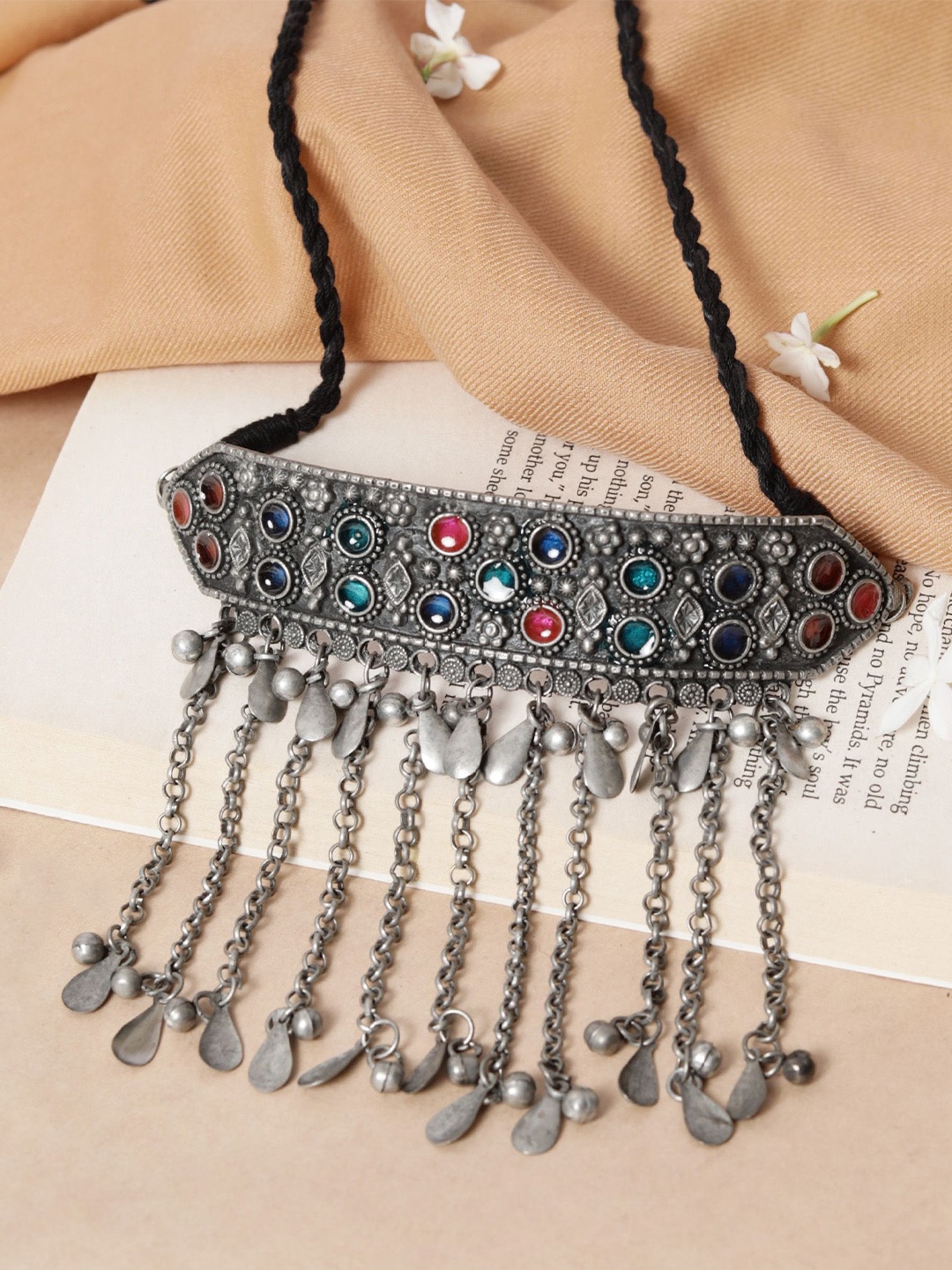 

Saagah German Silver Artificial Stones Studded & Beaded Meenakari Work Necklace