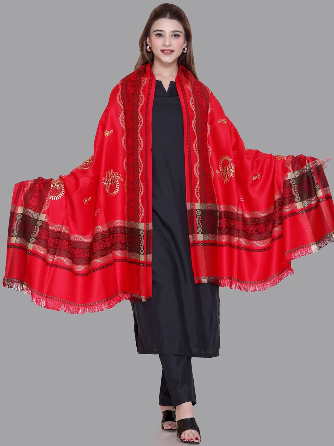 

Tones-N-Shades Floral Embroidered Woollen Shawl, Red
