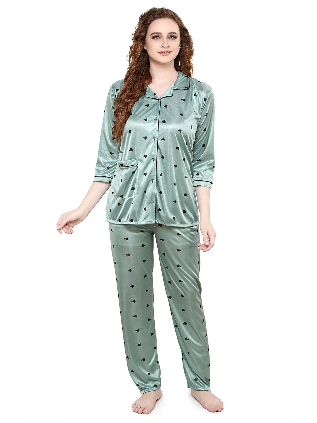 

TIGYWIGY Women Printed Satin Nightsuit, Green