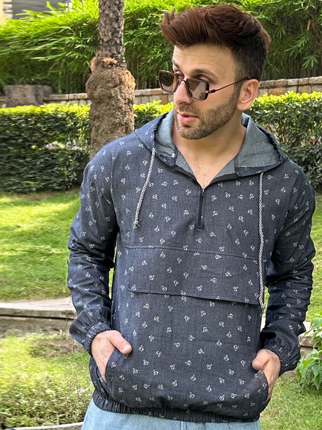 

GRITSTONES Men Printed Hooded T-shirt, Blue