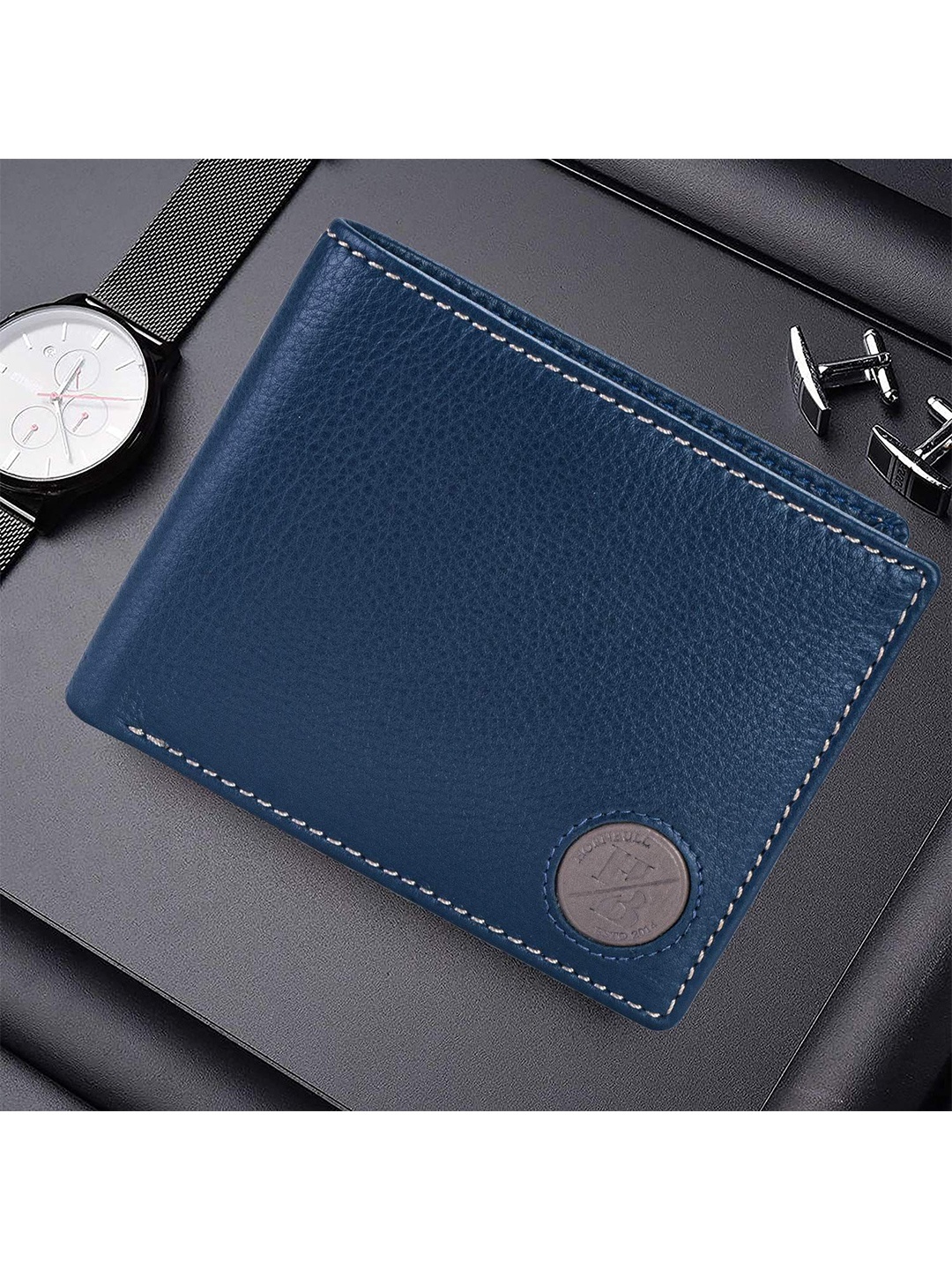 

Hornbull Men RFID Protected Leather Two Fold Wallet, Navy blue