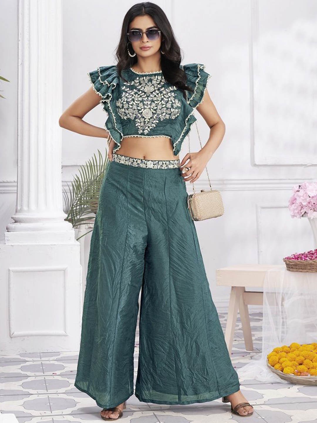 

Krimmple Floral Embellished Top With Palazzo, Blue