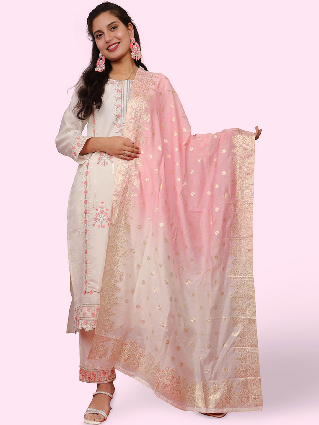

Shreekama Floral Embroidered Round Neck Sequinned Straight Kurta With Trouser & Dupatta, Off white