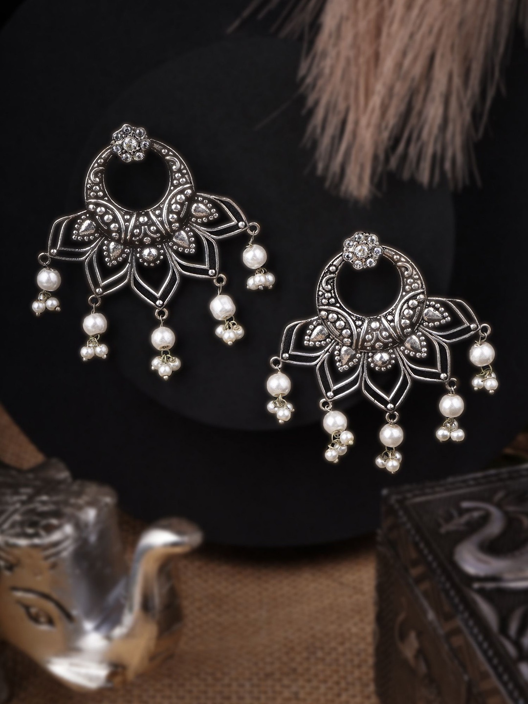 

Sangria White Silver-Plated Artificial Pearls Beaded Floral Shaped Oxidised Drop Earrings