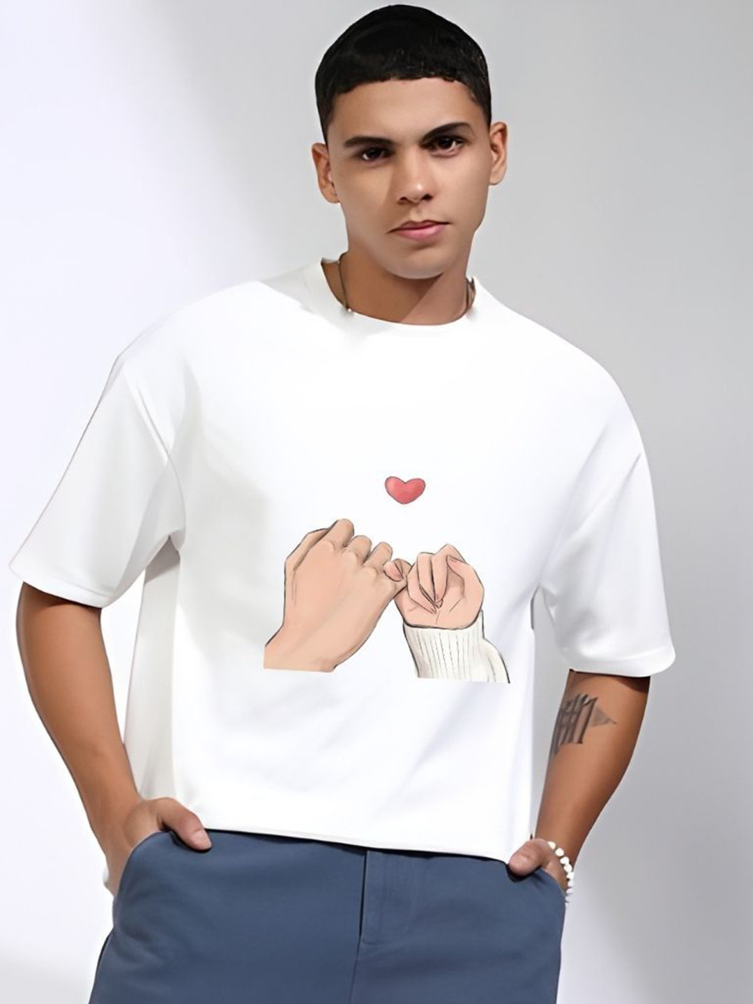

Krimmple Men Graphic Printed Round Neck Cotton Oversized T-shirt, White