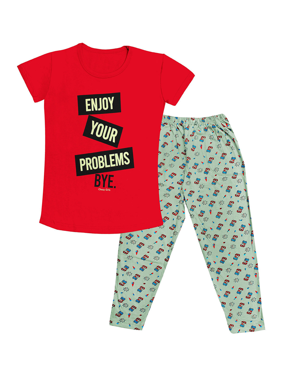 

Tee Weavers Girls Typography Printed Night suit, Red
