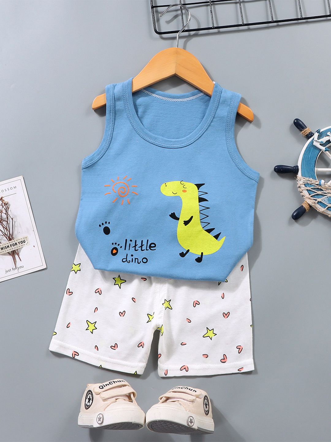 

Bold N Elegant Kids Printed Sleeveless Pure Cotton T-Shirt With Shorts, Blue