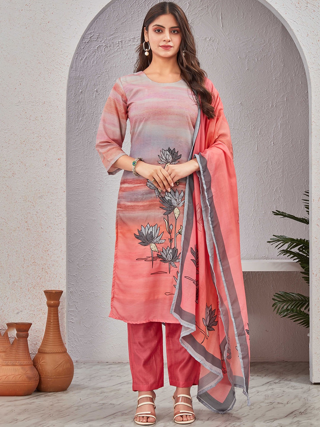 

Moda Rapido Floral Printed Straight Kurta With Trouser And Dupatta, Pink