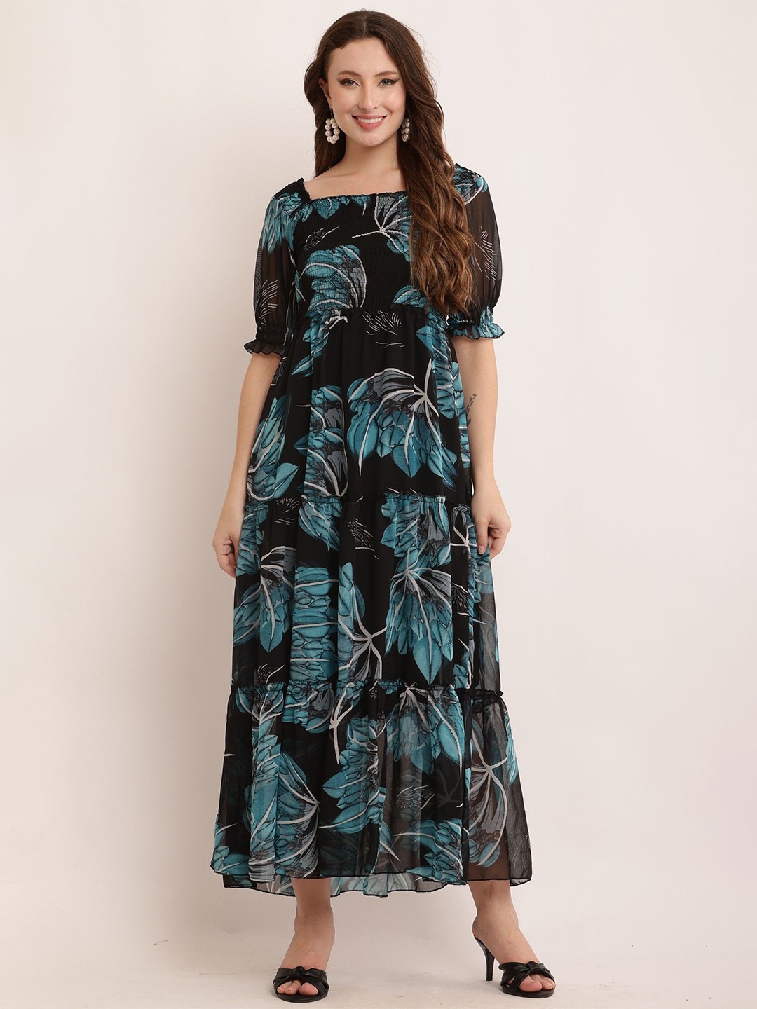 

BAESD Women Floral Printed Puff Sleeve Georgette Fit & Flare Maxi Dress, Black