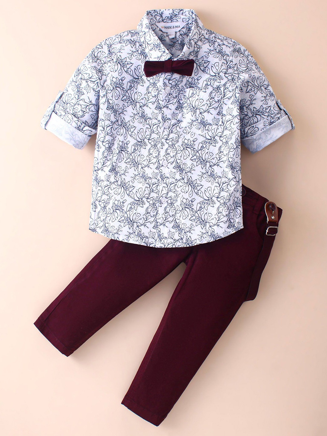 

Mark & Mia Boys Printed Shirt With Trousers And Suspender, White