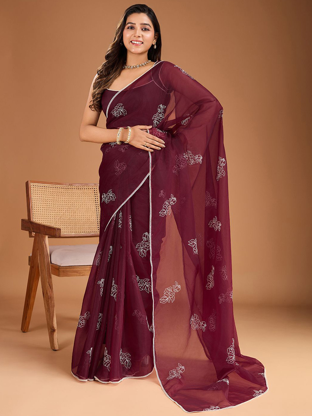 

House of Pataudi Embroidered Saree with Blouse Piece, Maroon