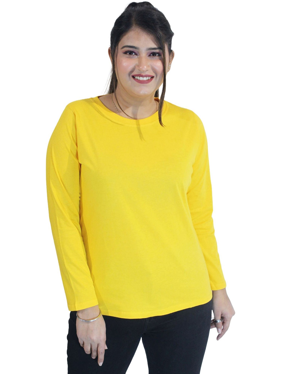 

PINK SHELL Women Solid Round Neck Cotton T-shirt, Yellow