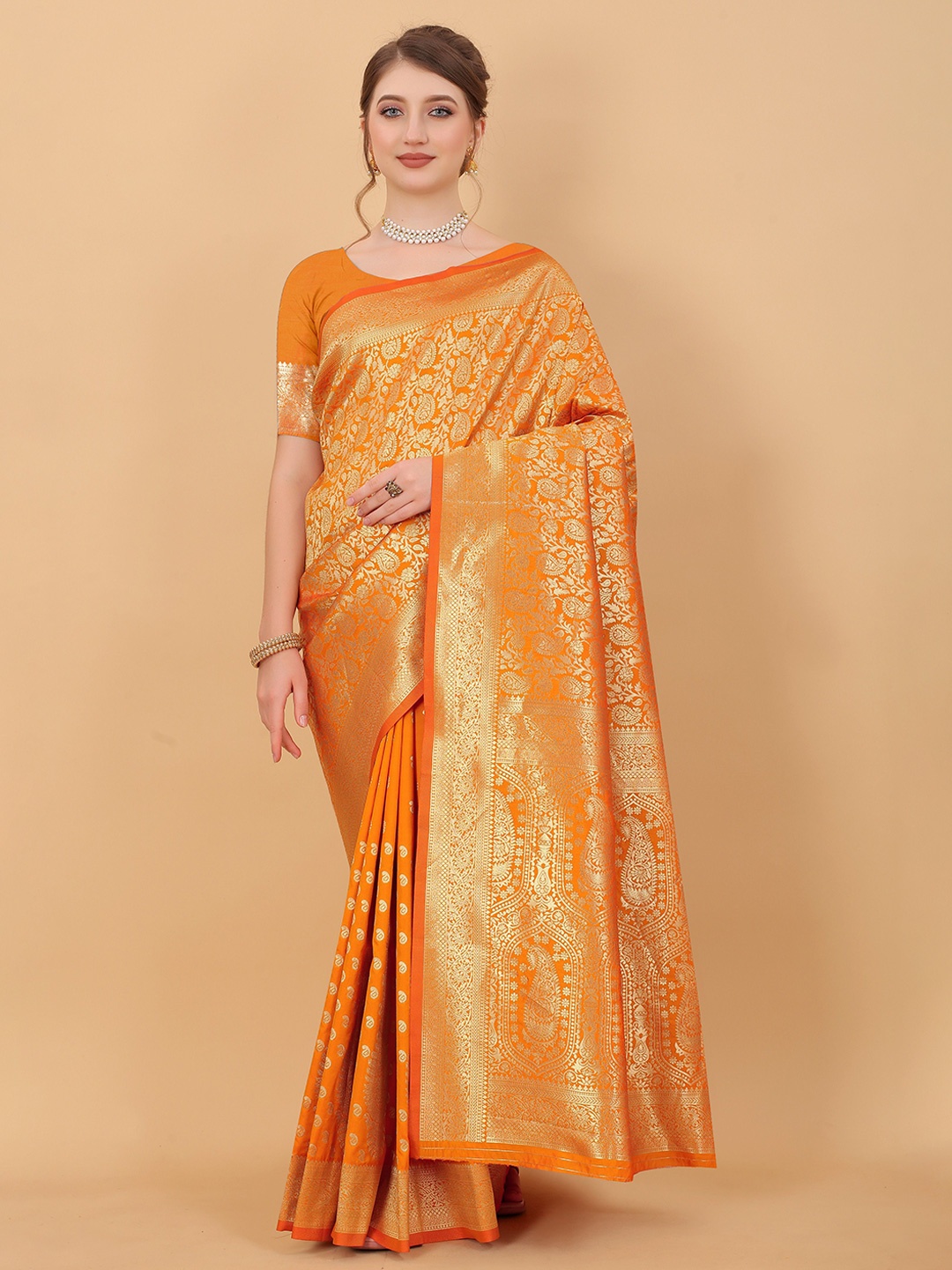 

bansari textiles Woven Design Zari Banarasi Saree, Orange