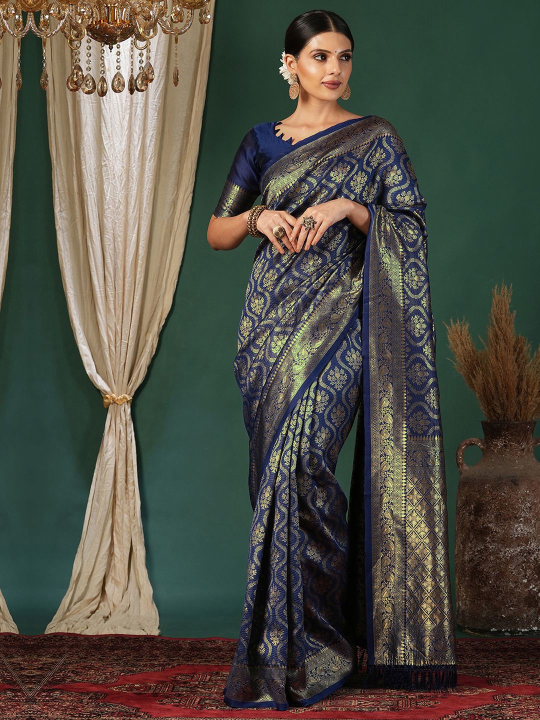 

KALINI Woven Design Banarasi Saree, Navy blue