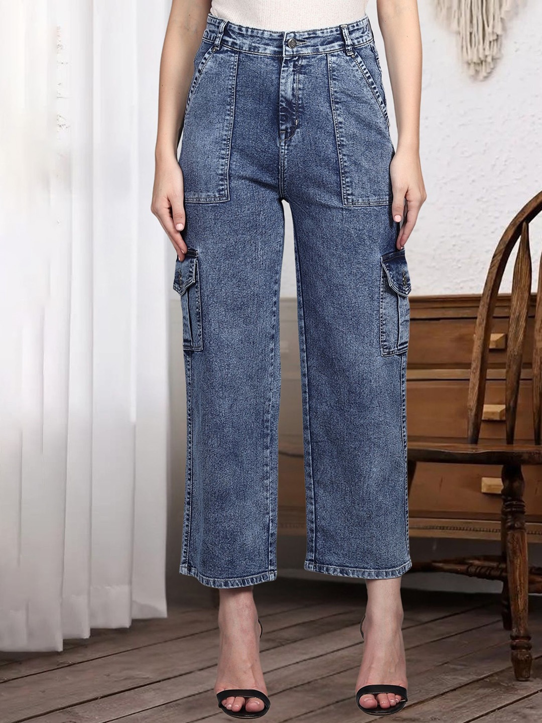 

DressBerry Women Comfort Wide Leg High-Rise Light Fade Acid Wash Stretchable Jeans, Blue