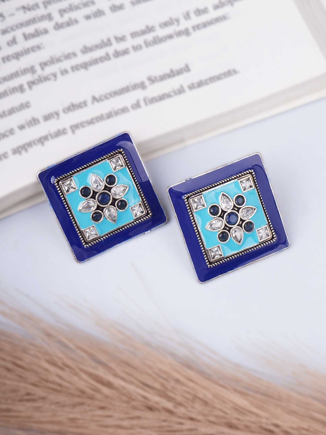

Sangria Blue Silver-Plated Artificial Stones Studded Square Shaped Studs