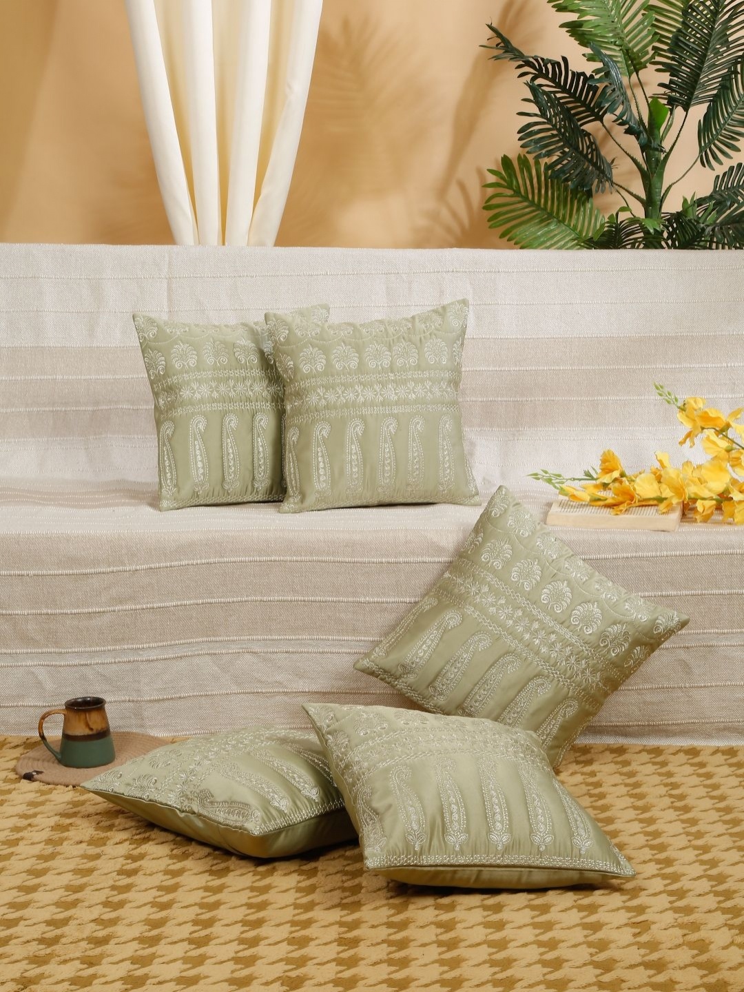 

SOKNACK Olive Green Set of 5 Pieces Embellished Square Cushion Covers