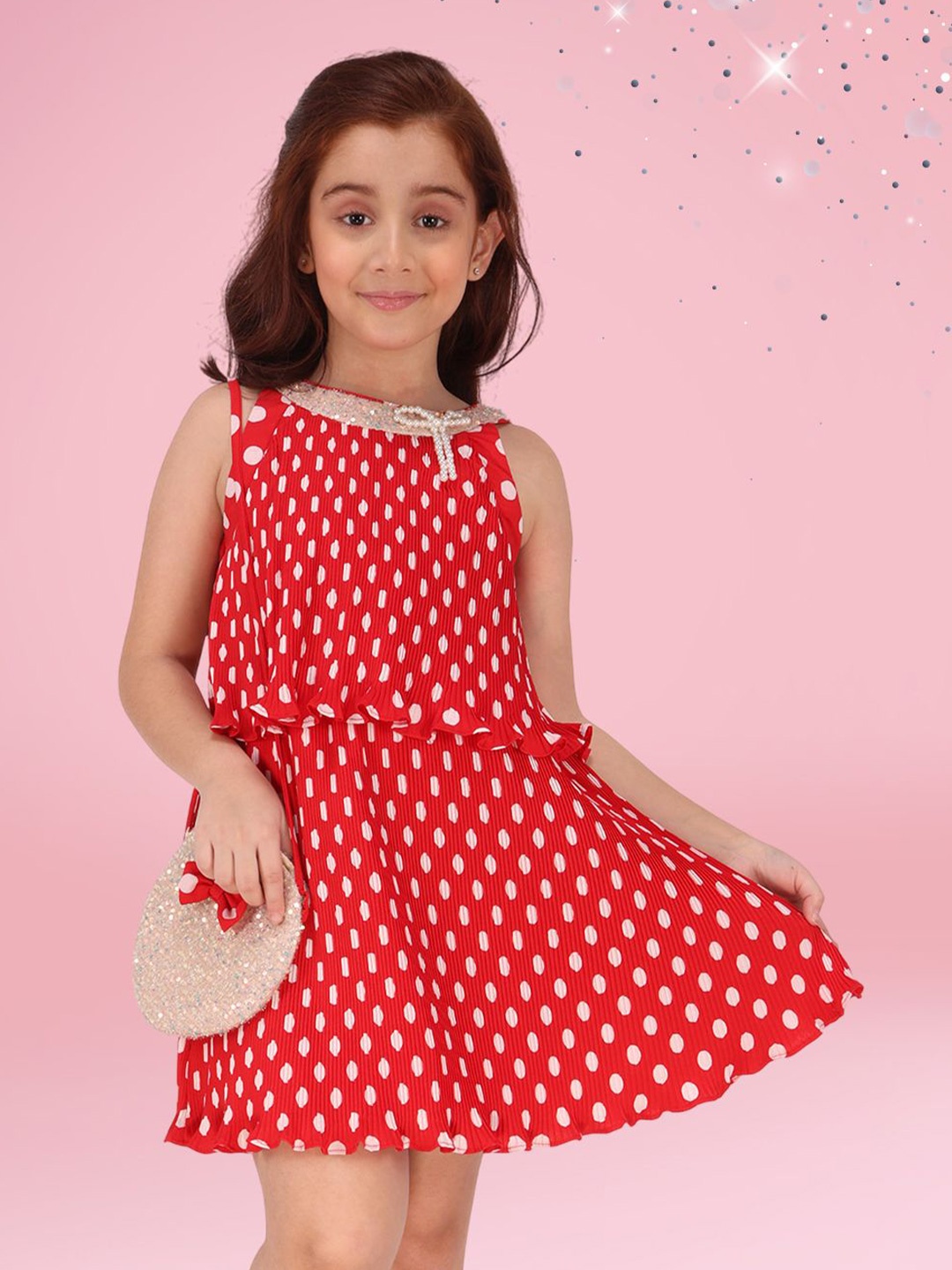 

CUTECUMBER Girls Polka Dots Printed Fit and Flare Dress, Red