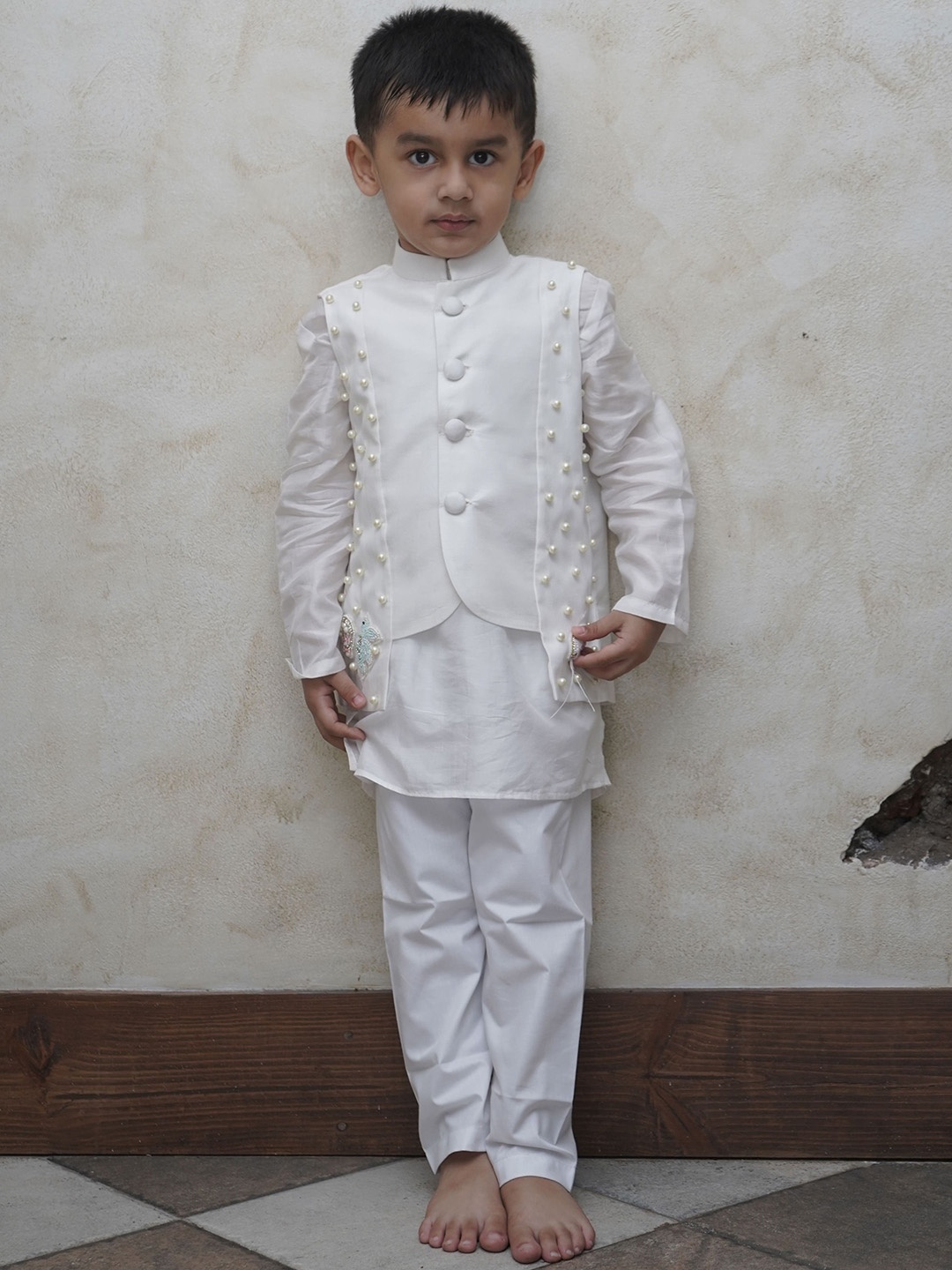 

Funny Bones Clothings Boys Mandarin Collar Pure Silk Kurta With Pyjama And Nehru Jacket, Off white