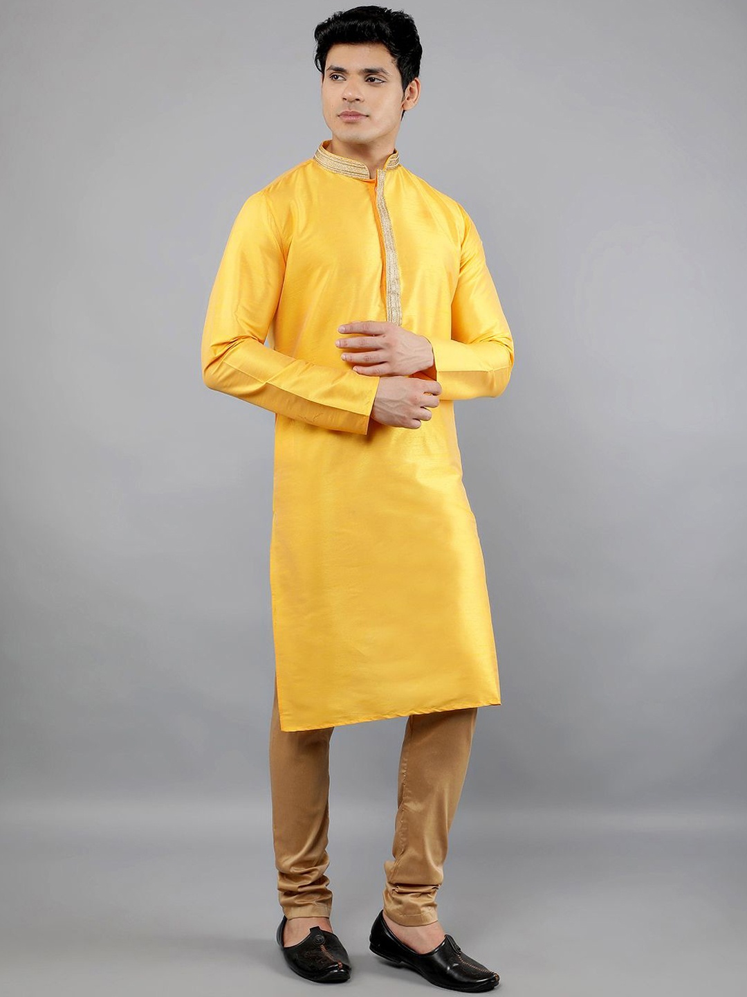 

Manish Creations Woven Design Mandarin Collar Jacquard Straight Kurta With Churidar, Yellow