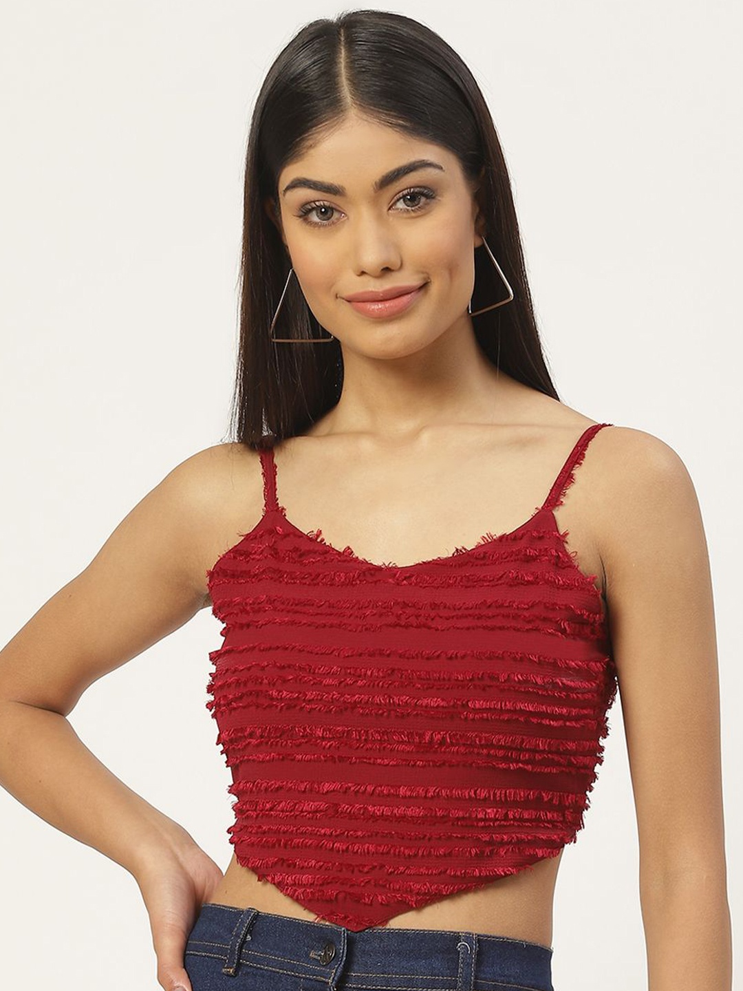 

Moda Rapido Fringed Fitted Crop Top, Maroon