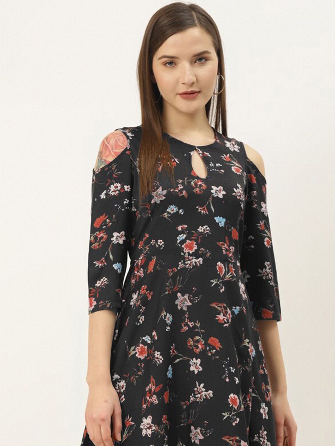 

DressBerry Floral Print Cold-Shoulder Crepe Maxi Midi Dress, Navy blue