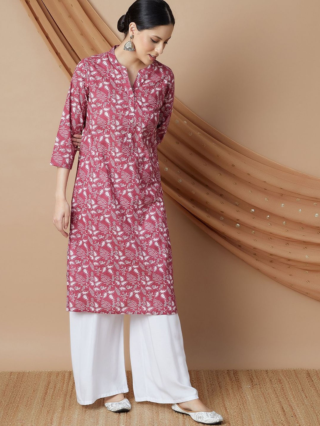 

Melange by Lifestyle Floral Printed Mandarin Collar Cotton Straight Kurta, Pink