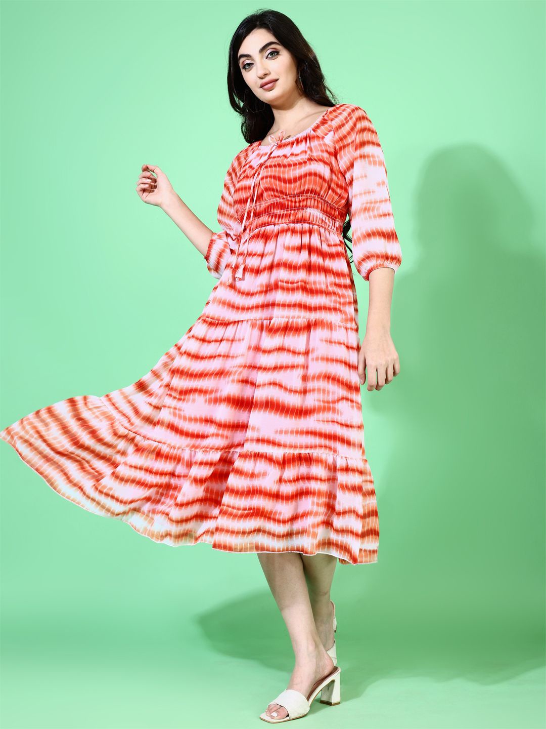 

Attire Empire Tie and Dye Print Puff Sleeve Georgette Fit & Flare Midi Dress, Orange