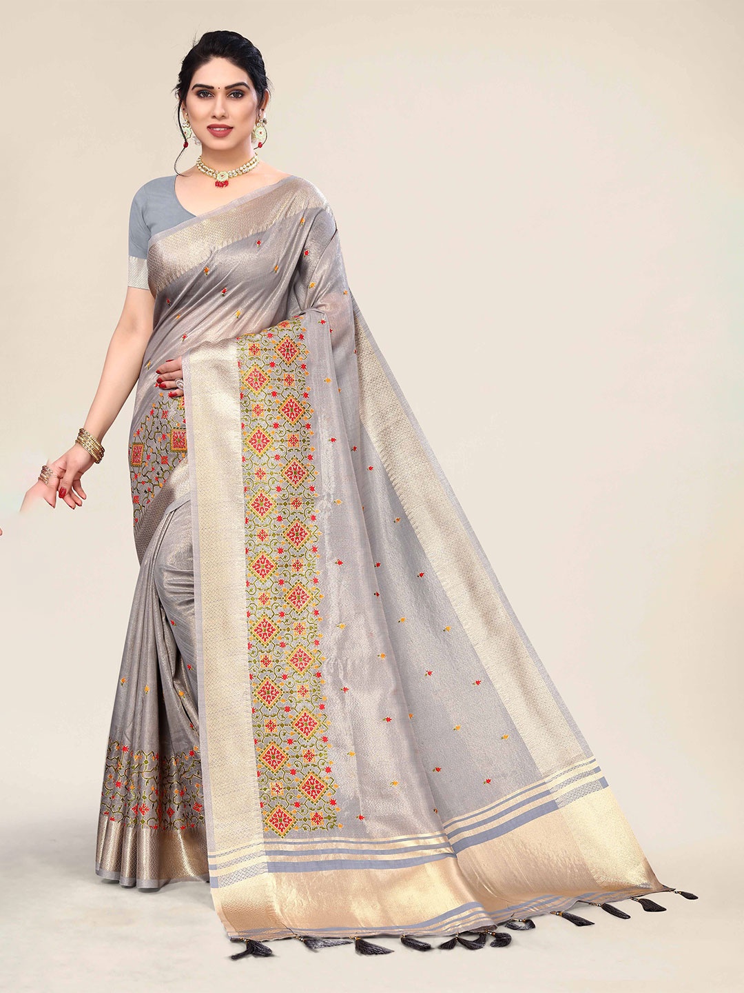 

Blissta Woven Design Embroidered Silk Cotton Saree, Grey
