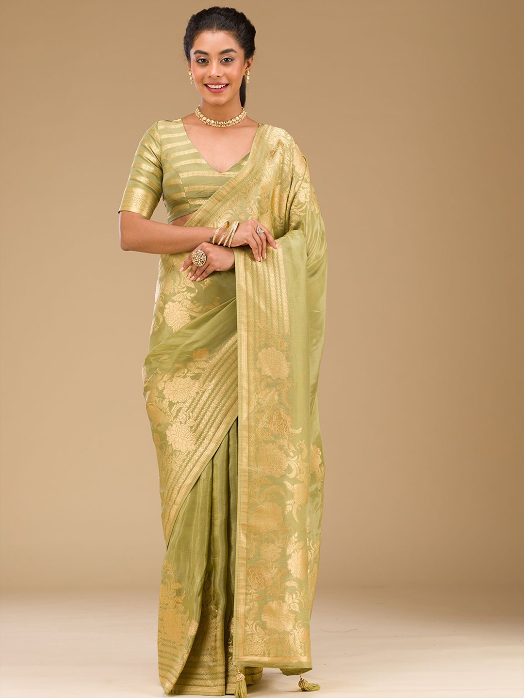 

Koskii Mehendi Zariwork Raw Silk Saree, Olive