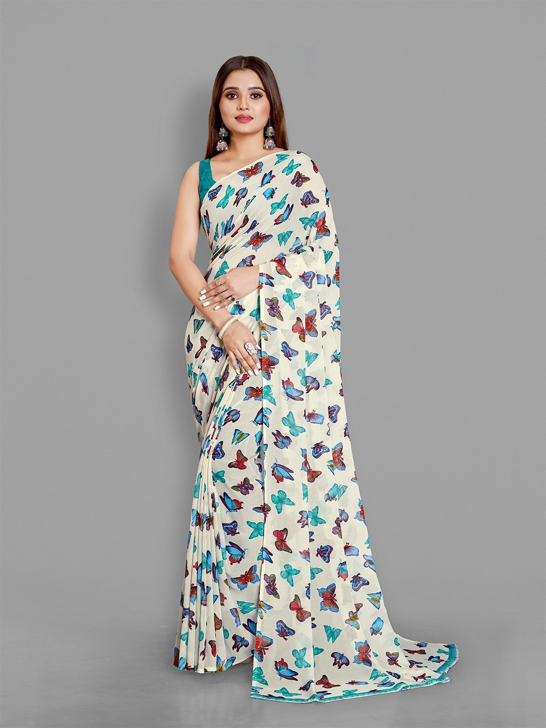 

bansari textiles Printed Pure Silk Tussar Saree, White