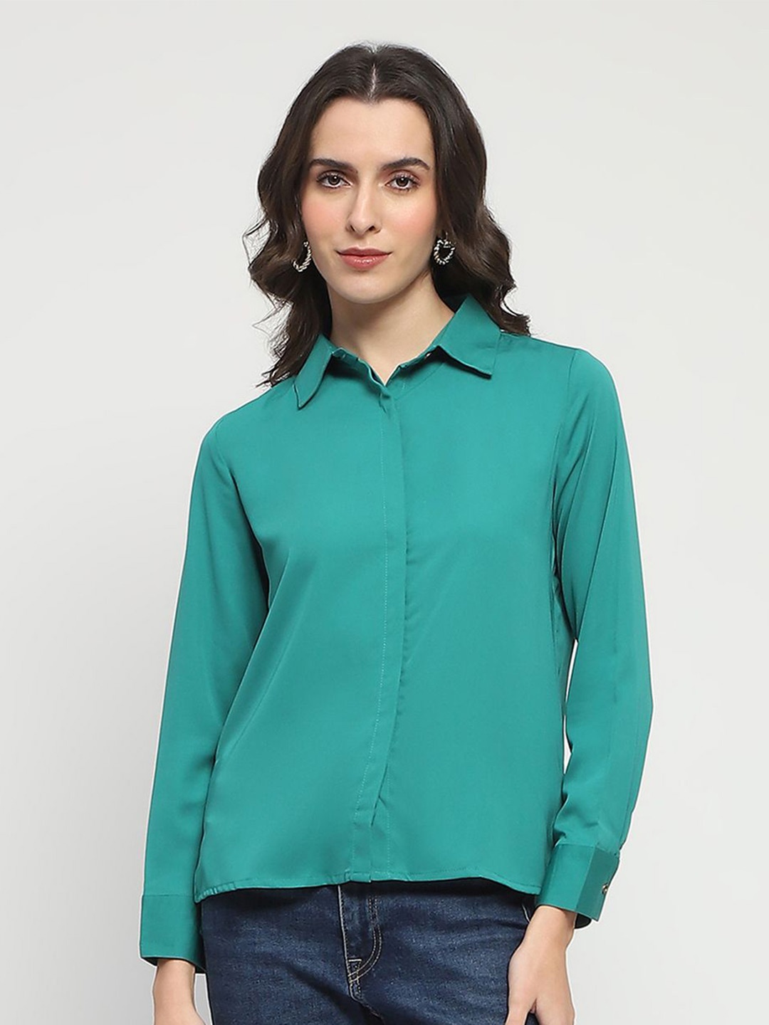 

Madame Women Spread Collar Solid Casual Shirt, Green