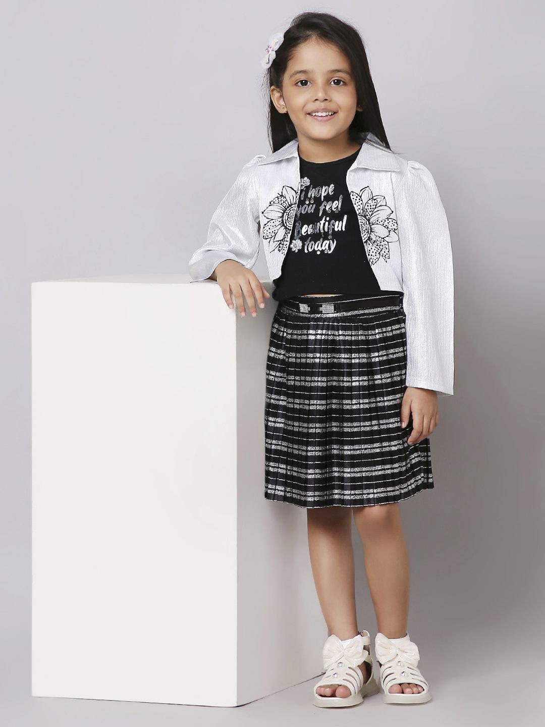 

Macwin Girls Printed Round Neck Top With Skirt & Jacket, Black