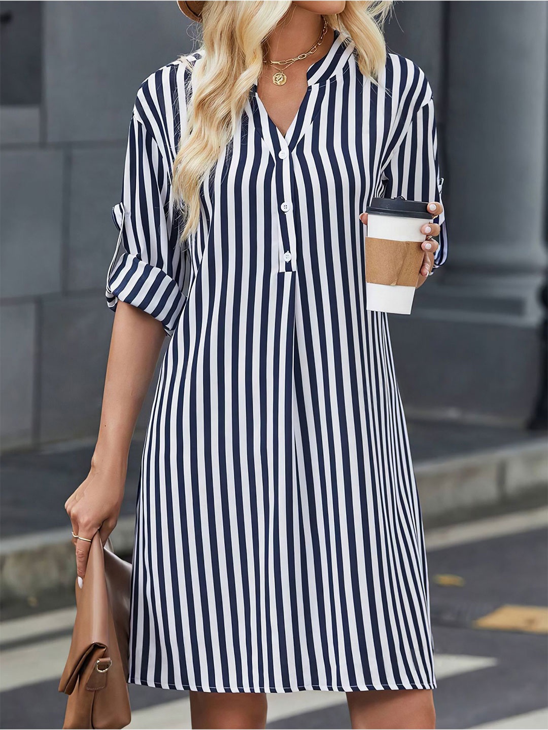 

StyleCast x Revolte Striped A-Line Midi Dress, Navy blue