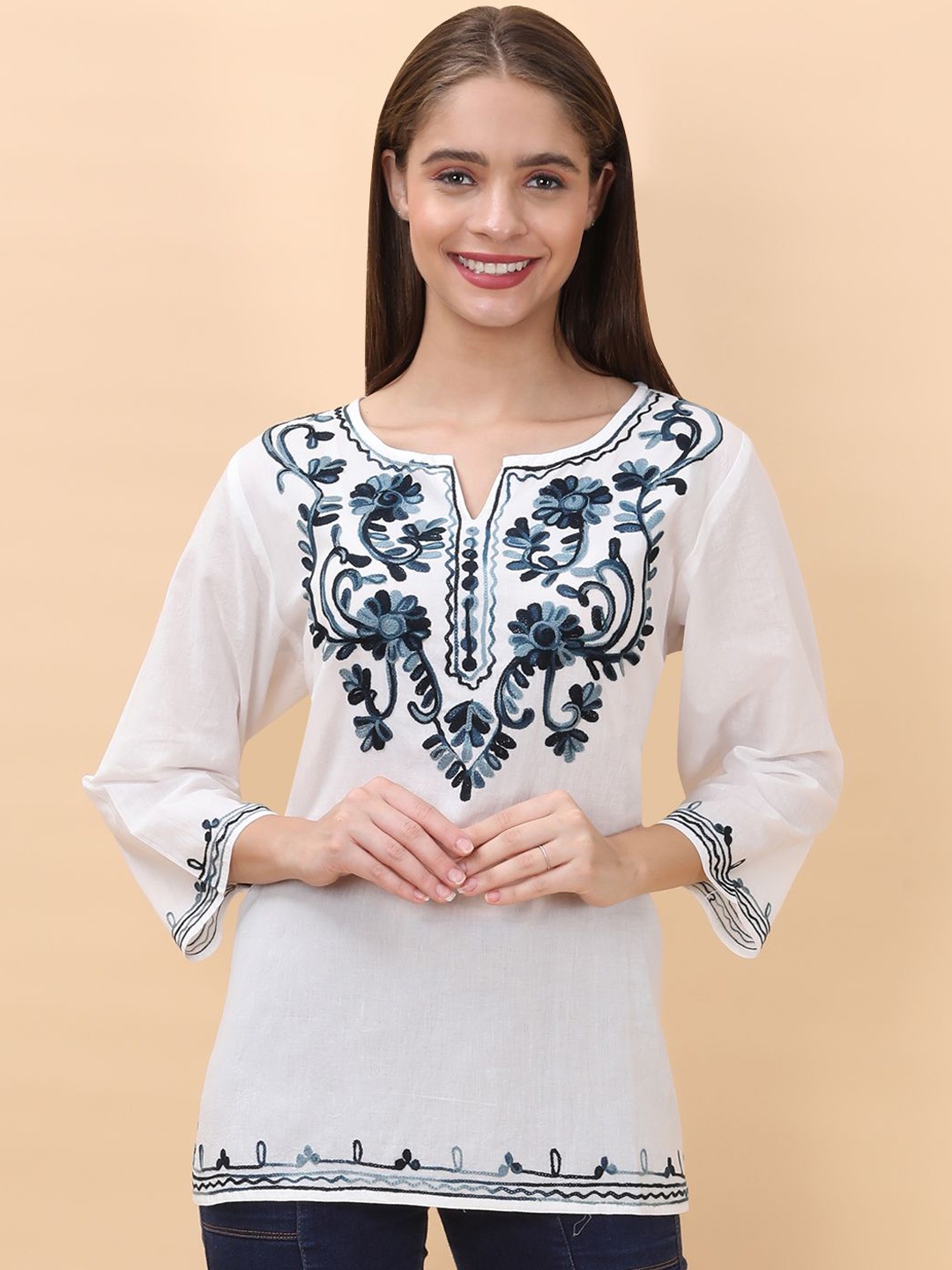 

FEMBLISS Floral Embroidered Notch Neck Kurtas, White